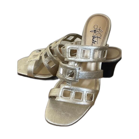 Life Stride Gold Metallic Heel Sandals Strappy Square Toe Party Shoes - Picture 1 of 6